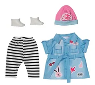 Sukienki - Zapf Creation 835258 Baby born Deluxe dżinsowa sukienka 43 cm – zestaw ubrań dla lalek z sukienką dla lalek, legginsy w paski, różowa czapka i buty. - miniaturka - grafika 1
