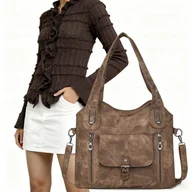 Torebki damskie - RETRO DAMSKA BRĄZOWA TORBA NA RAMIĘ Z KRÓTKIMI UCHWYTAMI WYMIARY:35×14,5×22 CM - miniaturka - grafika 1