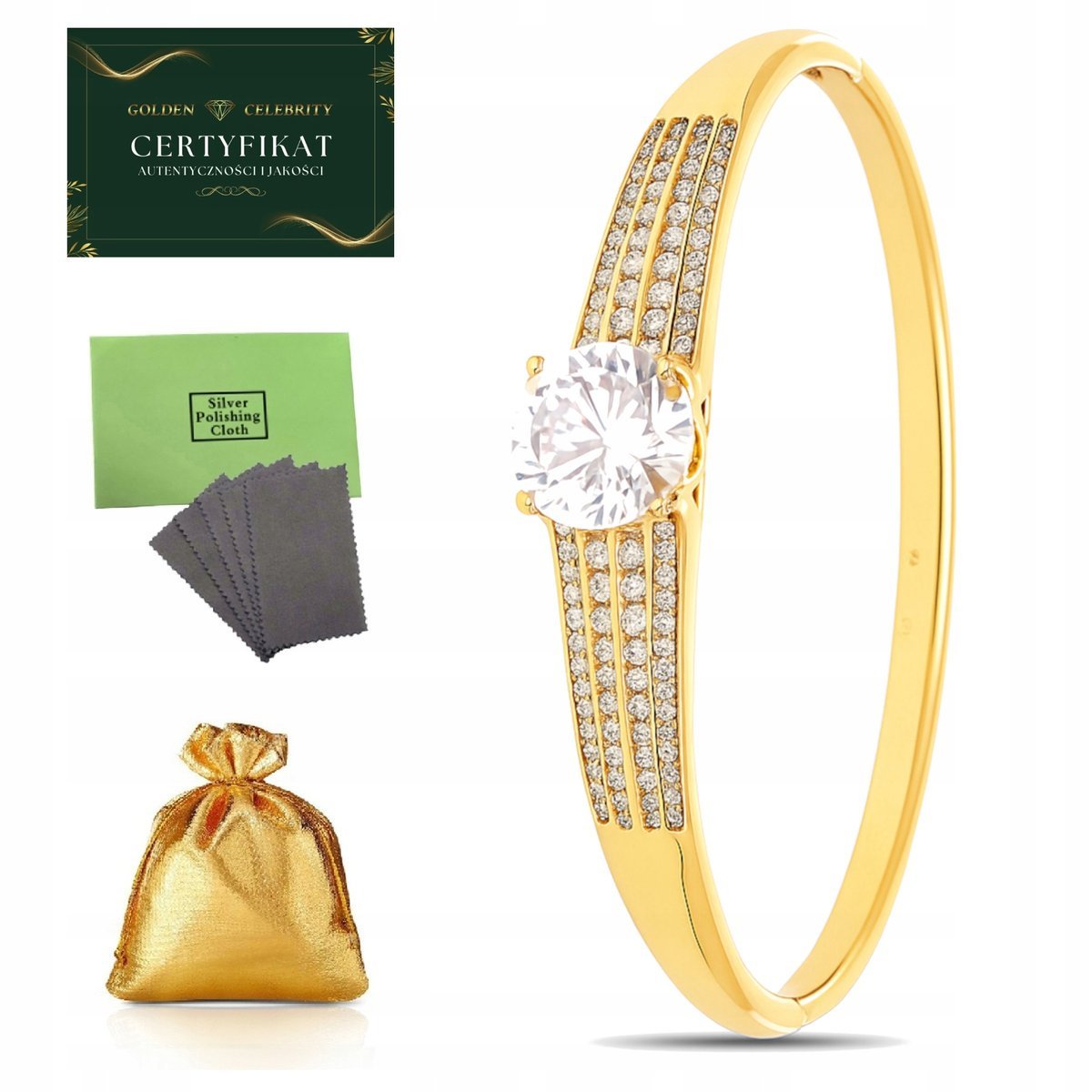 ELEGANCKA BRANSOLETKA DAMSKA SZTYWNA Z BRYLANTEM + CYRKONIAMI, STAL, 18K