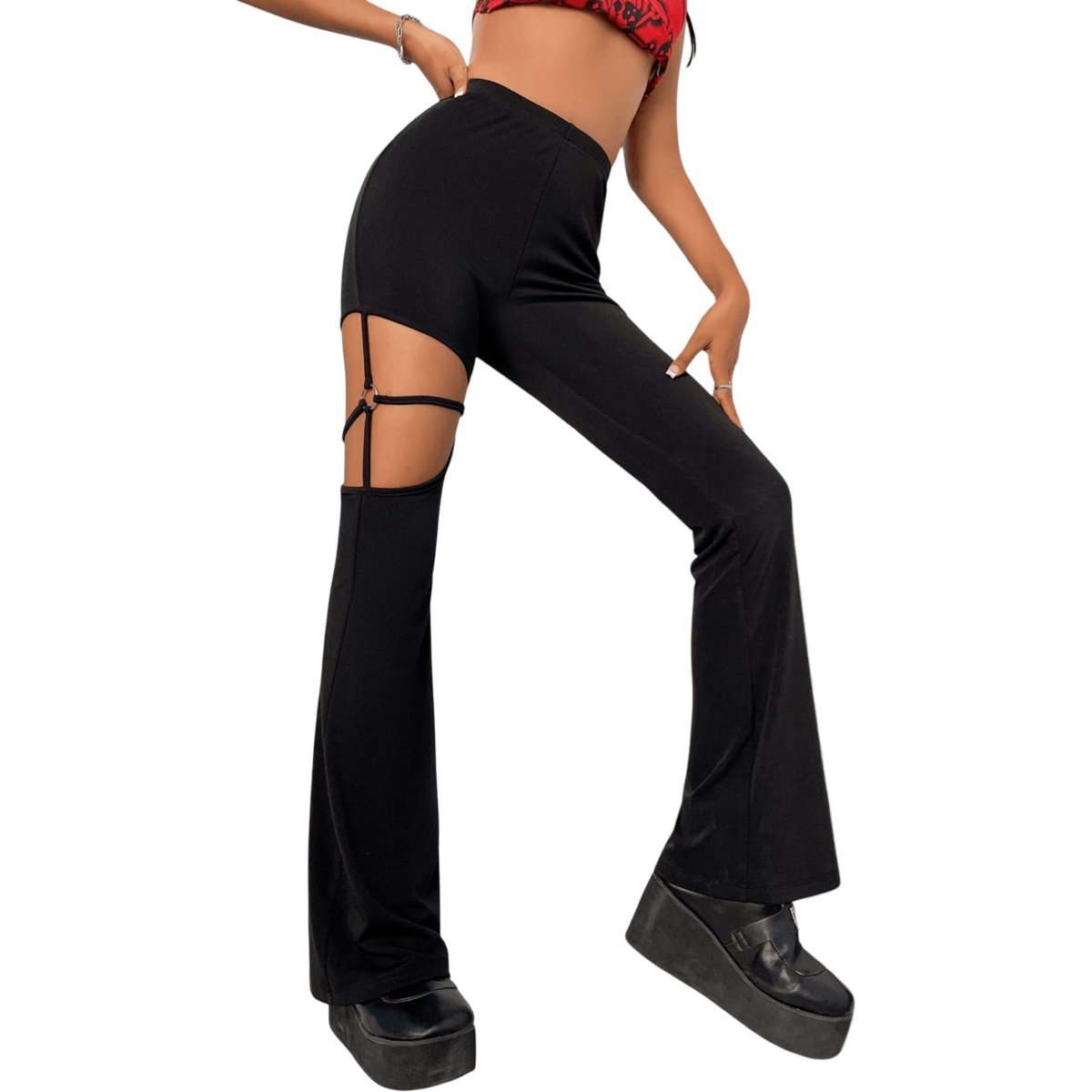 Damskie Spodnie Casual Dopasowane z Wycięciem Slim Fit Stylowe Czarne M