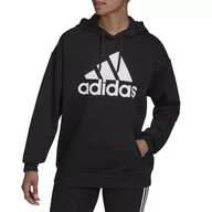 Bluzy sportowe damskie - Bluza adidas Essentials Logo Boyfriend Fleece Hoodie HD1756 - czarne - miniaturka - grafika 1
