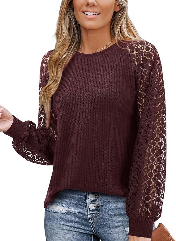 Damska Bluzka Elegancka Koronkowa Długi Rękaw Bordowa Bawełniana XL
