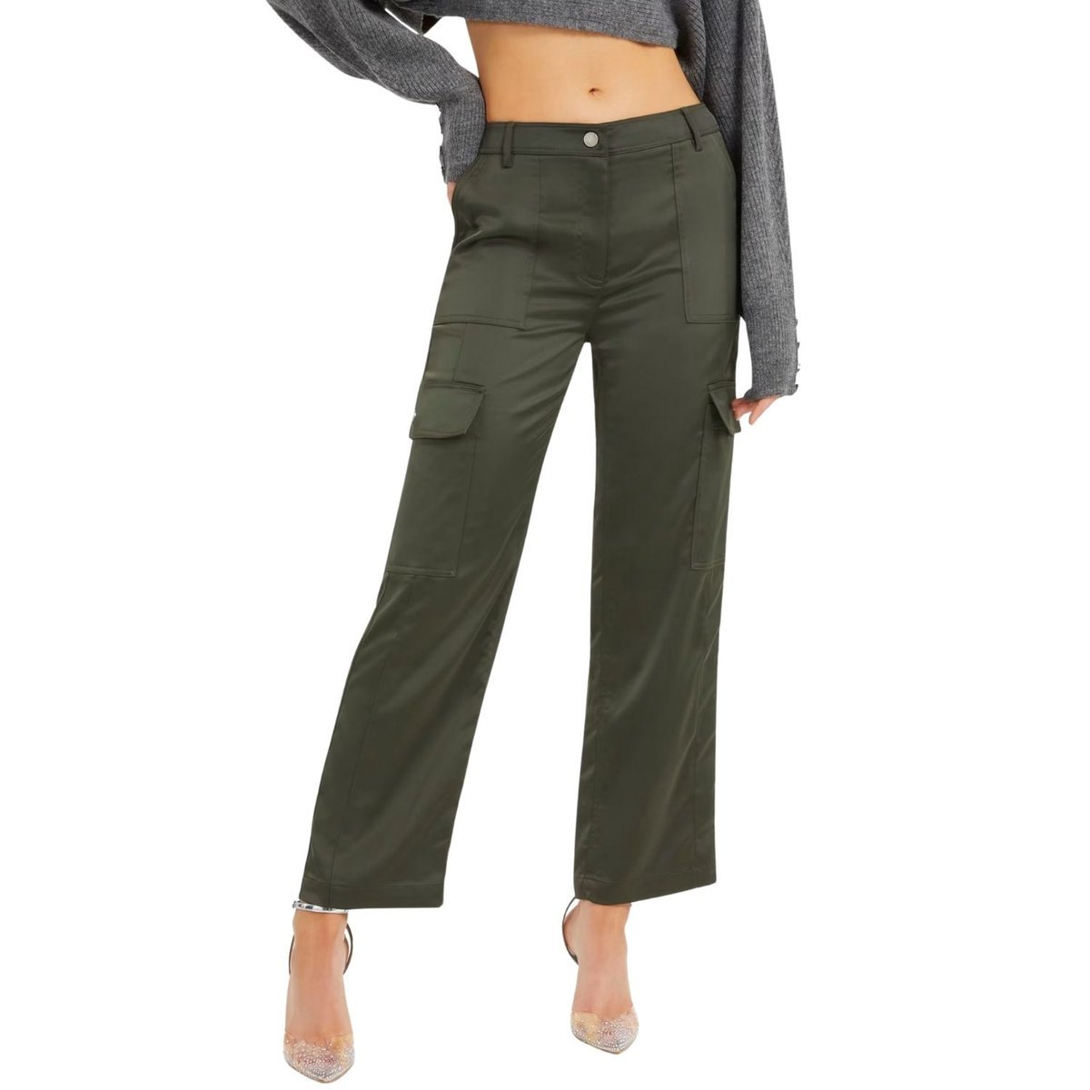 Spodnie damskie Guess materiałowe satynowe cargo zielone-M