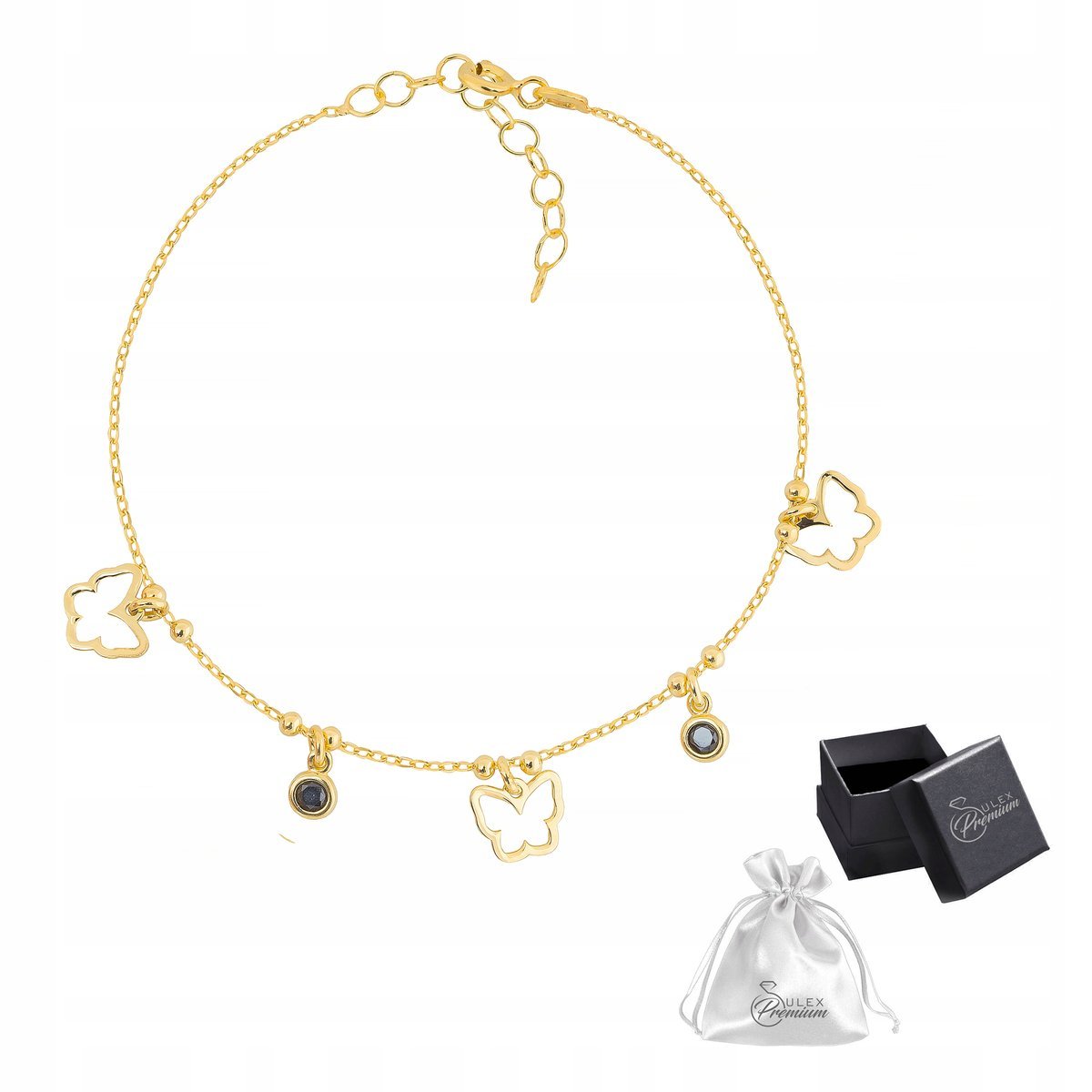 Bransoletka srebrna pr. 925 Złota Celebrytka TRZY MOTYLE Czarna Cyrkonia