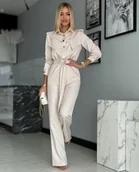 Kombinezony - Elegancki Kombinezon Damski Wiązany w Talii Pasek Jasny Beż M - miniaturka - grafika 1