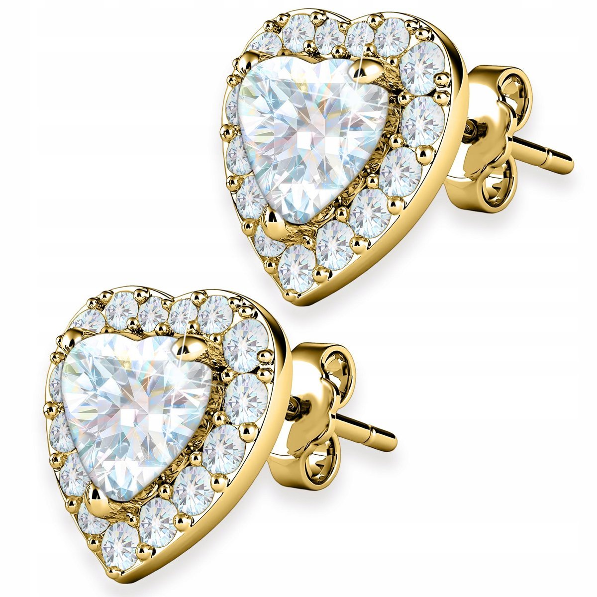 Złote Kolczyki z Cyrkoniami Białe Kryształowe Serca Cyrkonie SREBRO 925