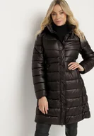 Kurtki damskie - Czarna Kurtka Pikowana o Długim Kroju z Kapturem i Dwustronnym Suwakiem Sanasira - miniaturka - grafika 1