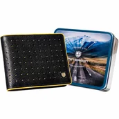 Portfele - Czarny, ażurowy portfel męski Peterson, żółty rant, 9,5 x 12 x 2 cm - miniaturka - grafika 1