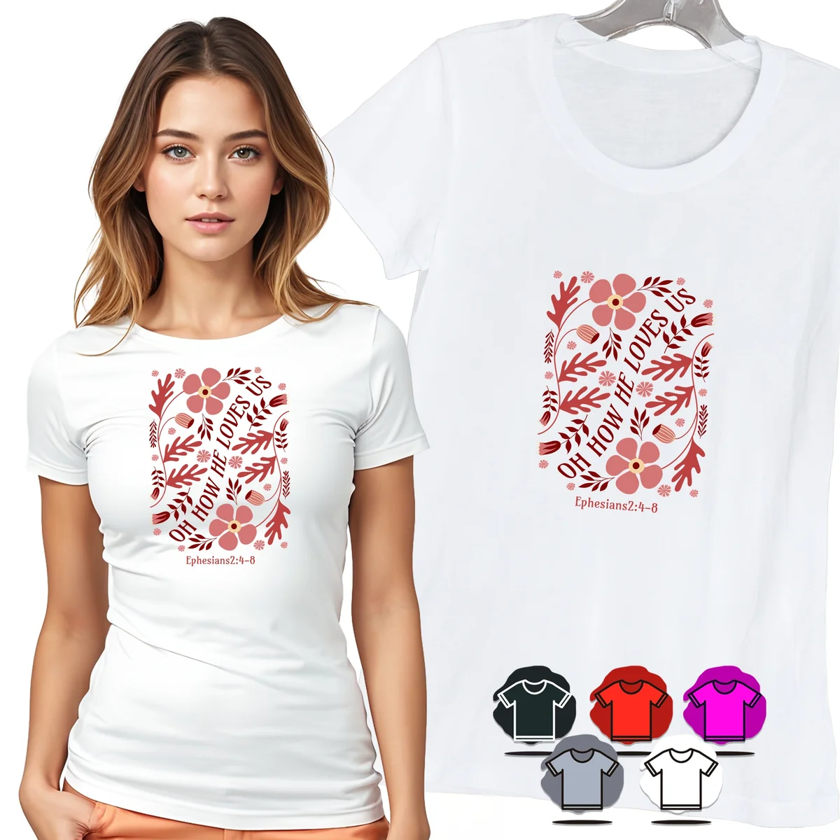 KOSZULKA DAMSKA T-SHIRT - KWIATY OH HOW HE LOVES US WIARA DLA NIEJ - XXL