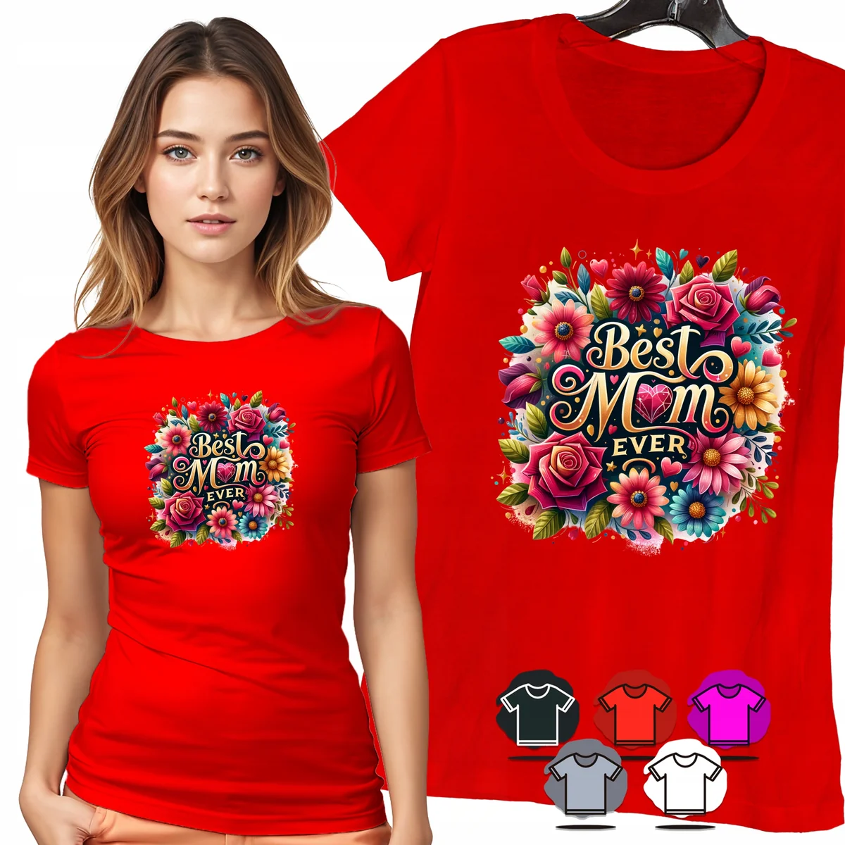 KOSZULKA DAMSKA T-SHIRT - BEST MOM EVER CZERWONE RÓŻE KWIATY WZÓR MODA - L