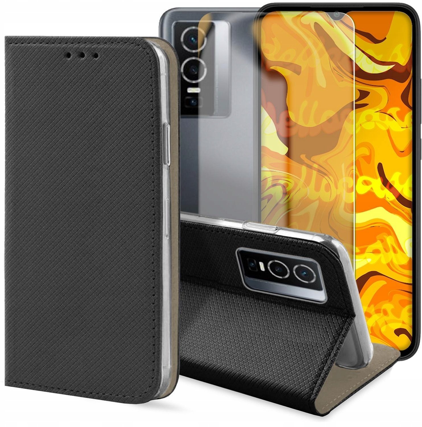 Hello Case Etui z Klapką Do Vivo Y76 5G Czarne, Zamykane, Magnetyczne, Case Szkło BNDL1192