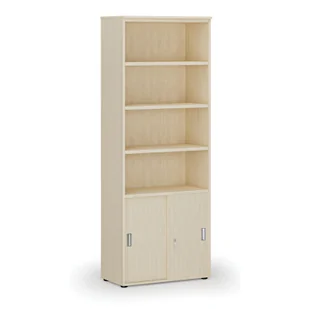 Szafa biurowa kombinowana PRIMA WOOD, drzwi przesuwne na 2 poziomach, 2128 x 800 x 420 mm, brzoza - Szafy biurowe - miniaturka - grafika 1