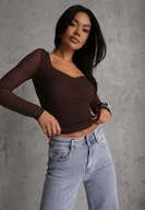 Bluzki damskie - Ciemnobrązowa Bluzka Longsleeve z Siateczki z Wiskozą z Dekoltem w Serce Elinevia - miniaturka - grafika 1