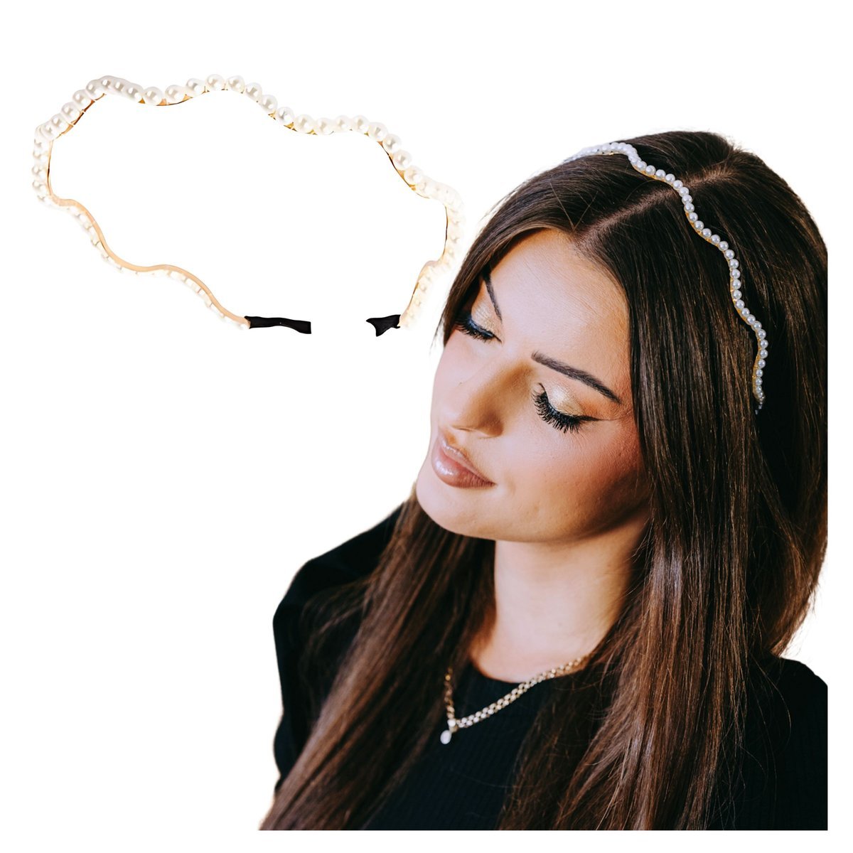 Opaska do Włosów Złota z Białymi Perłami Wąska Falowana Lekka i Wygodna
