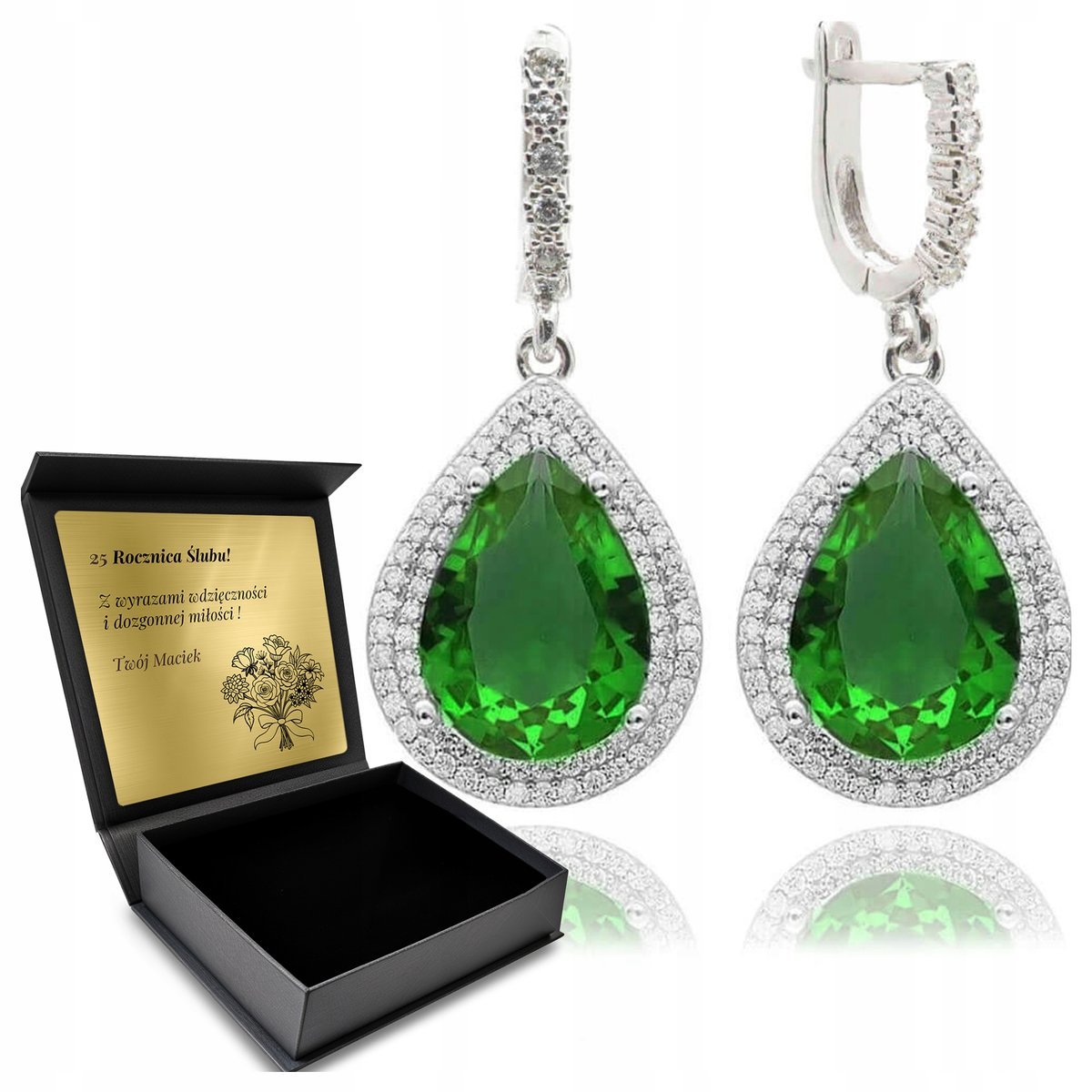 Kolczyki Srebrne 925 Cyrkonie I Szmaragd Biżuteria Dla Kobiety + Grawer