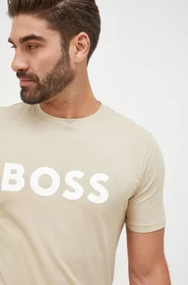 Koszulki męskie - BOSS t-shirt bawełniany BOSS CASUAL 50481923 kolor beżowy z nadrukiem - Boss - grafika 1