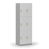 Szafki biurowe - Drewniana szafka skrytkowa, 6 schowków, zamek obrotowy, szary/biały - miniaturka - grafika 1