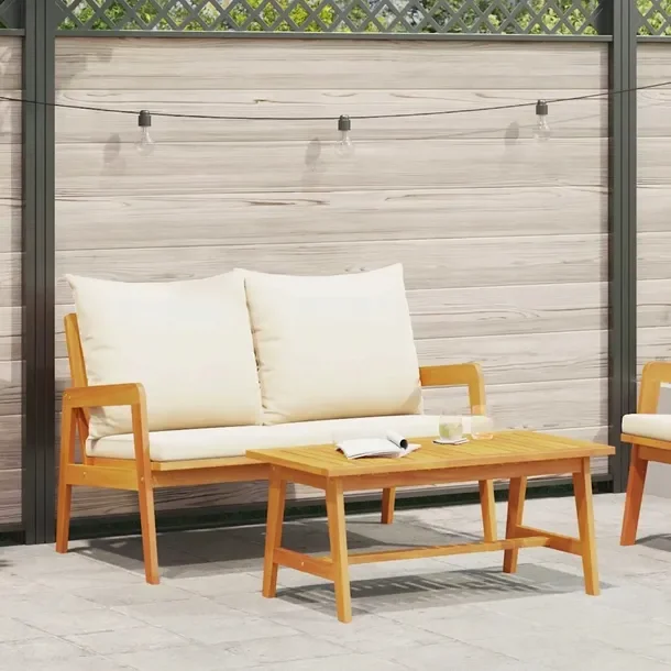 Zestaw Bistro z Drewna Akacjowego: Stolik 65x115x71 cm, Ławka, Kremowe Pod