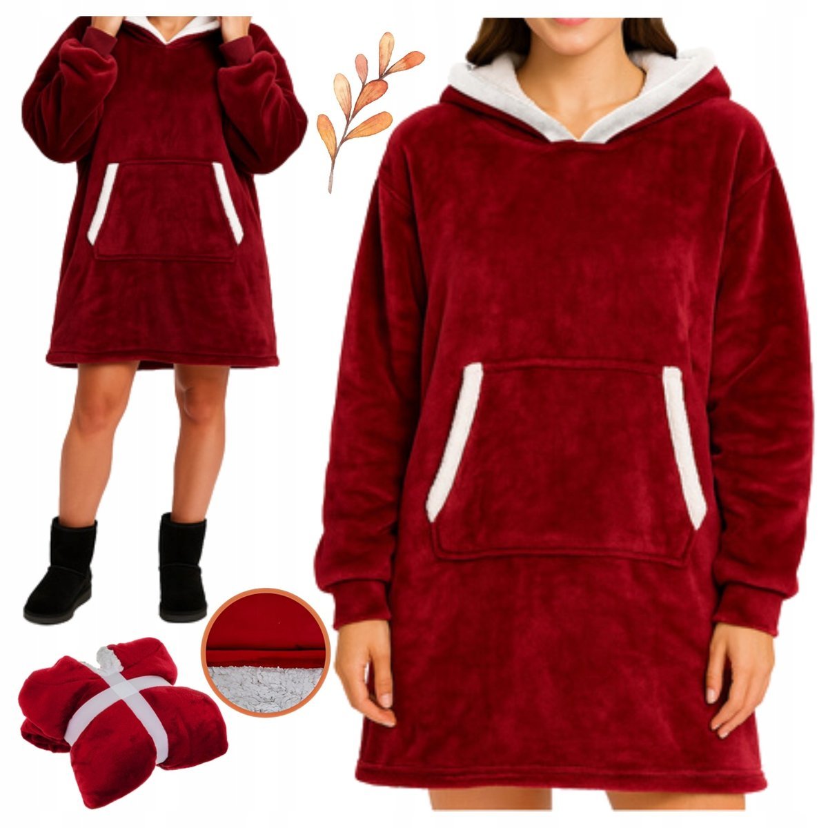 Bluza Koc Oversize z Kapturem XXL Gruby Kocobluza Długa Futrzana Czerwona