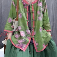 Koszule damskie - TEMU Damska bluzka z nadrukiem kwiatowym w stylu vintage, luźna, z różowymi i białymi kwiatami, kontrastem zielonym i różowym, zapinaną na guziki - miniaturka - grafika 1