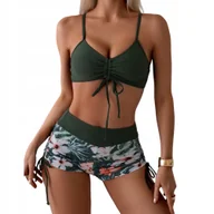 Stroje kąpielowe - STRÓJ KĄPIELOWY DWUCZĘŚCIOWY KOSTIUM SPODENKI BIKINI WYSOKI STAN WIĄZANIE S ZIELONY - miniaturka - grafika 1