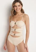 Stroje kąpielowe - Beżowy Strój Kąpielowy Jednoczęściowy z Wycięciami i Metalicznymi Wstawkami Oviannae - miniaturka - grafika 1