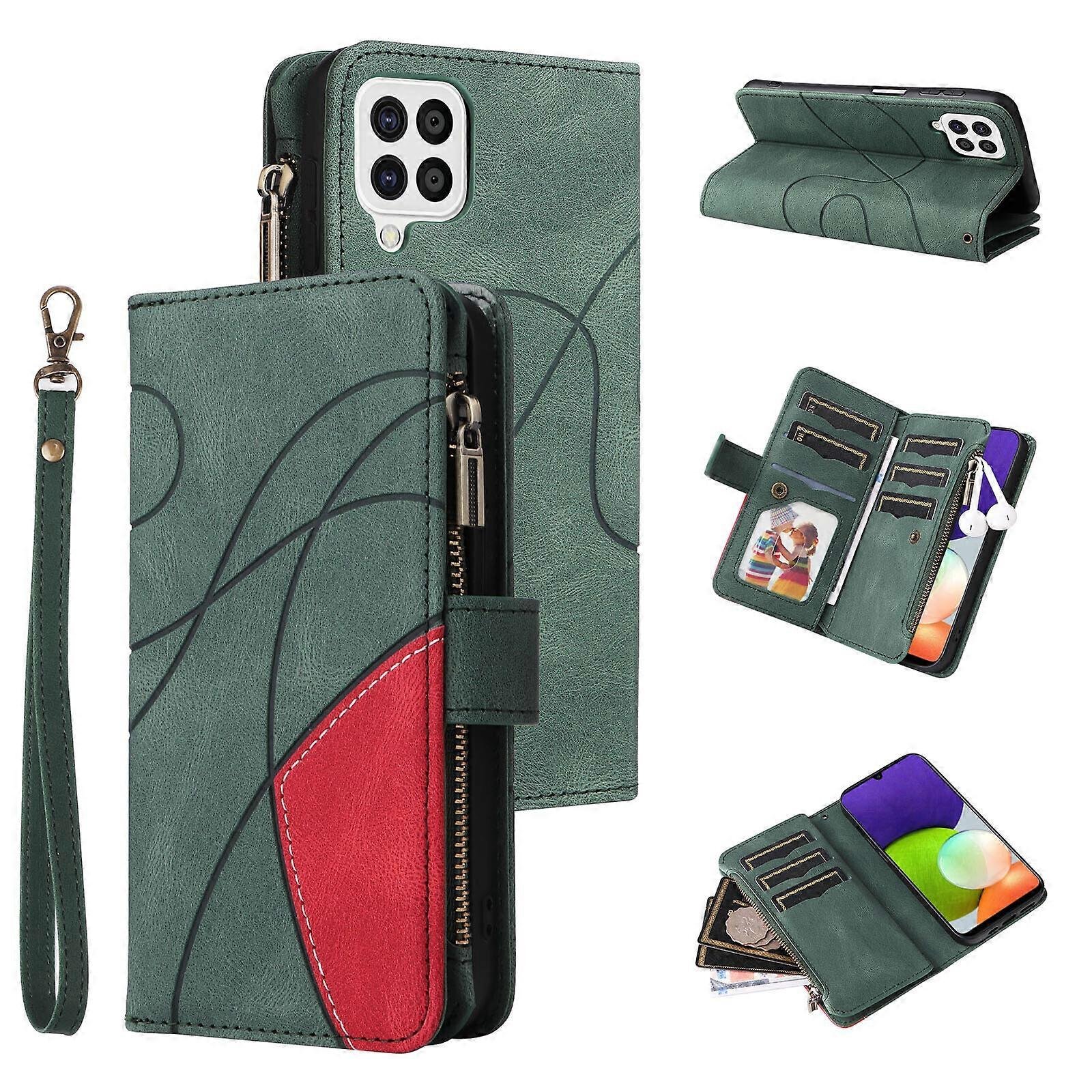 Foxdock Kompatybilny z Samsung Galaxy A22 4G Portfel z miejscami na karty PU Skórzany zamek błyskawiczny z klapką Flip Folio Zielony