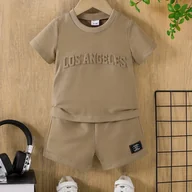 Dresy i komplety dla chłopców - TEMU Męska Moda Casual Set: Khaki, T-shirt z krótkim rękawem z nadrukiem "Los Angeles" i dopasowane szorty z czarnym naklejką - Miękki, oddychający - miniaturka - grafika 1