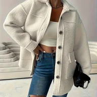 Kurtki damskie - TEMU Kobieca Elegancka Kurtka Casual - Gruba, Luźna z Długim Rękawem i Kołnierzykiem, Jednokolorowa, Z Guzikami i Kieszeniami Bocznymi, Idealna na - miniaturka - grafika 1