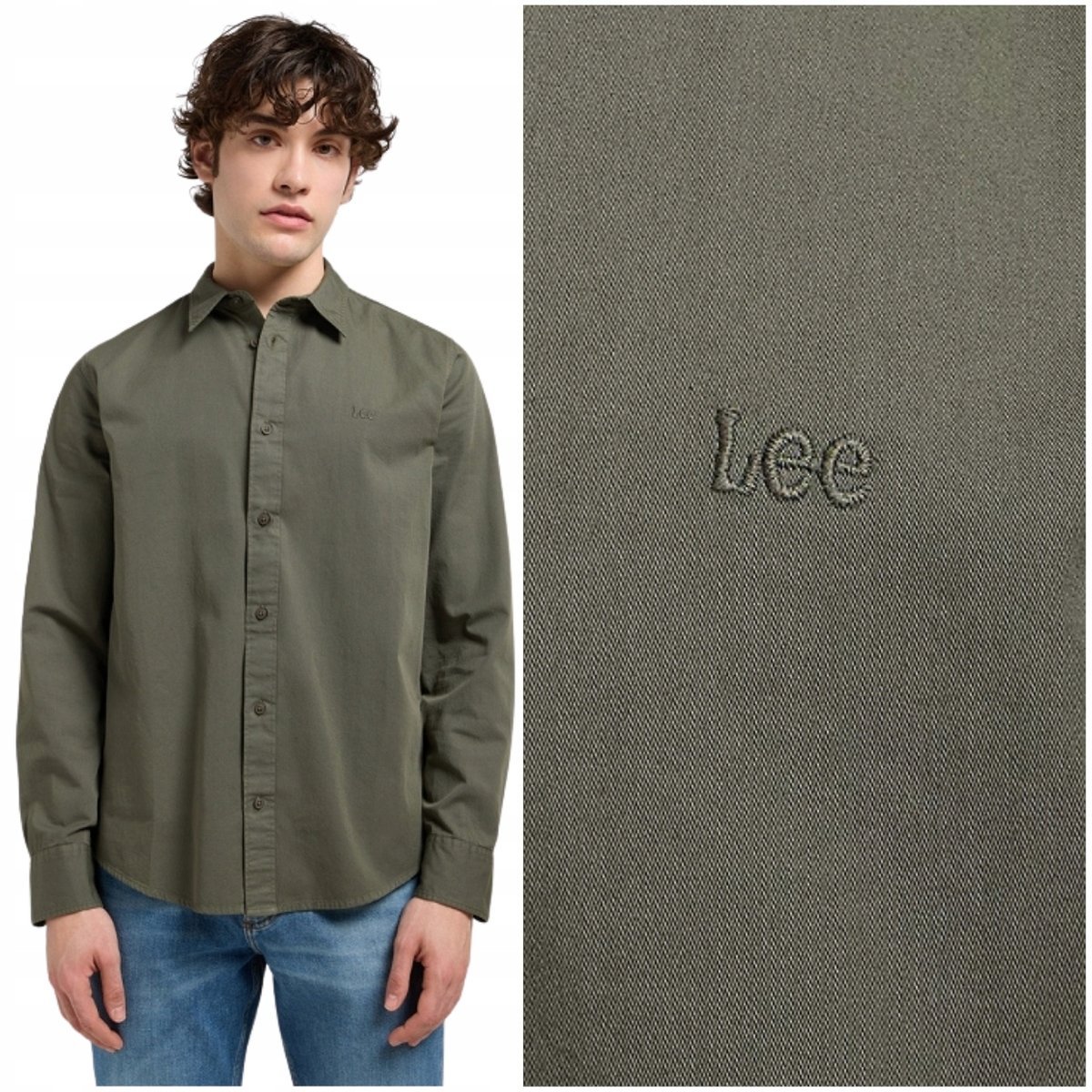 Lee PATCH SHIRT Olive Gray zielona koszula bawełniana męska małe logo S