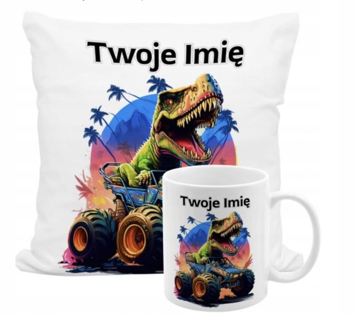 ZESTAW PODUSZKA + KUBEK Prezent DINOZAURY T-REX Dla chłopca + IMIĘ 27
