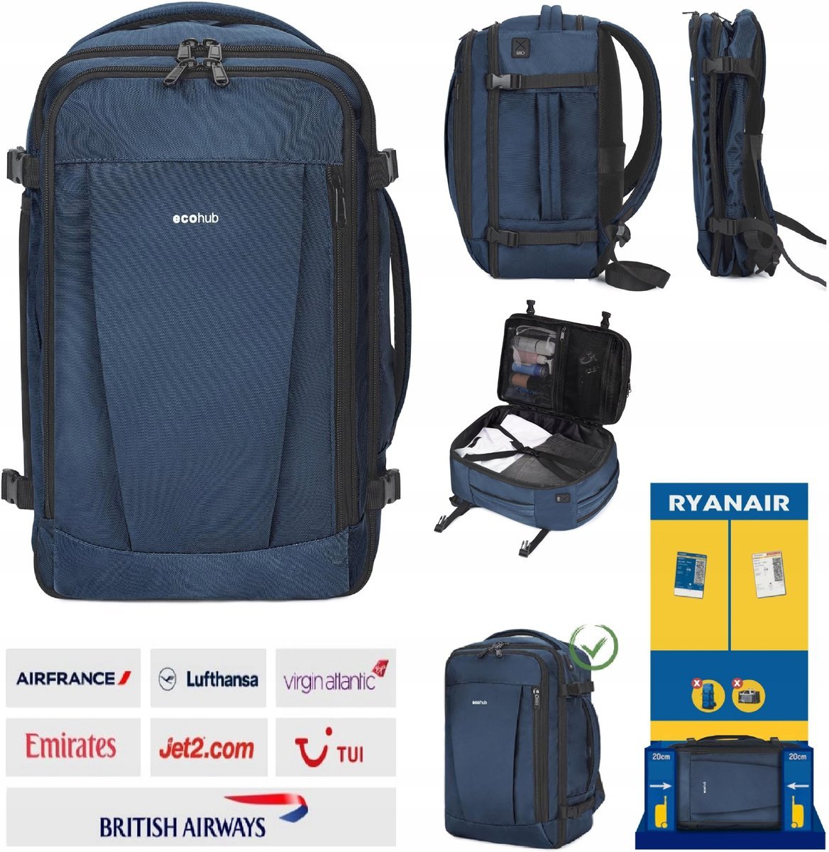 Plecak Podróżny Ryanair Torba Kabinowa 40X20X25Cm 20L Do Samolotu Port Usb