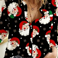 Koszule damskie - TEMU Długim Rękawem Z Długim Rękawem I Guzikami - Swobodny Kroj, Czarny Z Białym I Czerwonym Wzorem Świątecznym, Idealny Na Świąteczne Imprezy - miniaturka - grafika 1