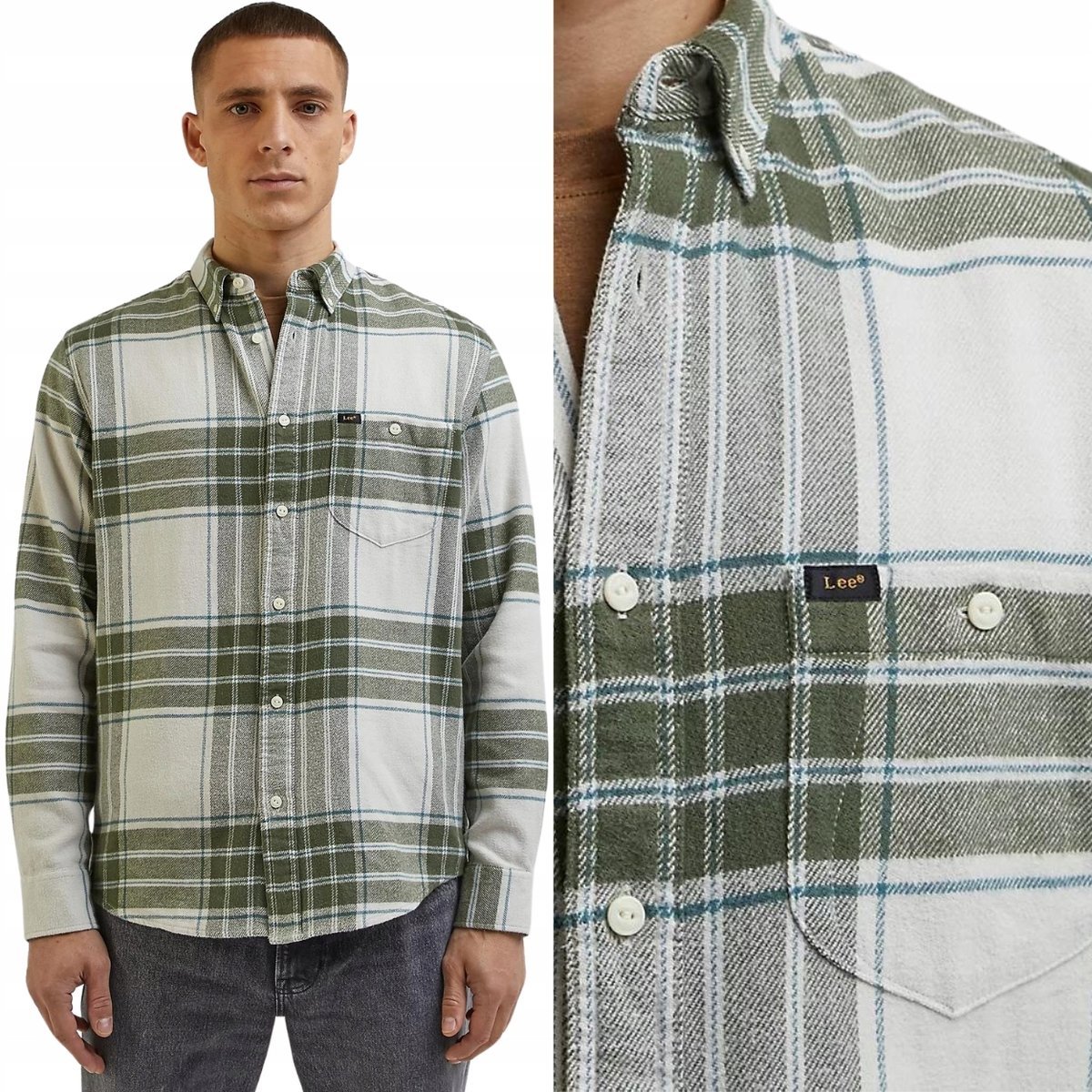 Lee RIVETED SHIRT Olive Grove LUŹNA MIĘSISTA KOSZULA W KRATĘ RELAXED S