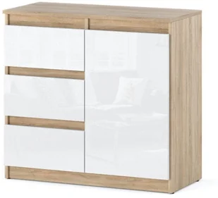 Komoda Nowoczesna 3 Szuflady Agnes 80cm Sypialnia Dąb Sonoma Biała Połysk - Komody - miniaturka - grafika 1