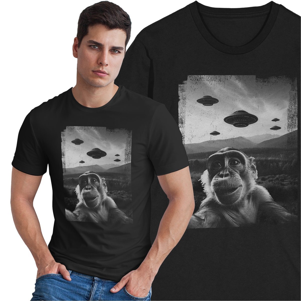 Koszulka UFO Latający Spodek Kosmici Małpa Zwierzęta Selfie Szarak NOL