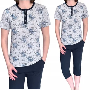 PIŻAMA DAMSKA BAWEŁNIANA motyw kwiaty spodnie 3/4 granat koszulka szara L - Piżamy damskie PIŻAMA DAMSKA BAWEŁNIANA motyw kwiaty spodnie 3/4 granat koszulka szara L - Piżamy damskie - miniaturka - grafika 1