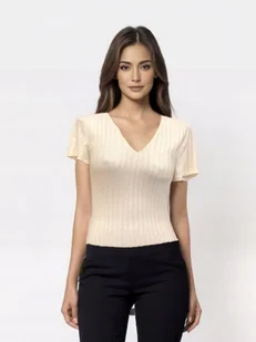 Karl Lagerfeld koszulka t-shirt ecru v-neck [rozmiar M] - Koszulki i topy damskie - miniaturka - grafika 1