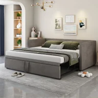 Sofy i kanapy - Łóżko rozkładane Merax 90x200cm/180x200cm, rozkładana sofa z listwowym stelażem i podłokietnikami, łóżko tapicerowane aksamitem łóżko dziecięce sofa rozkładana - miniaturka - grafika 1