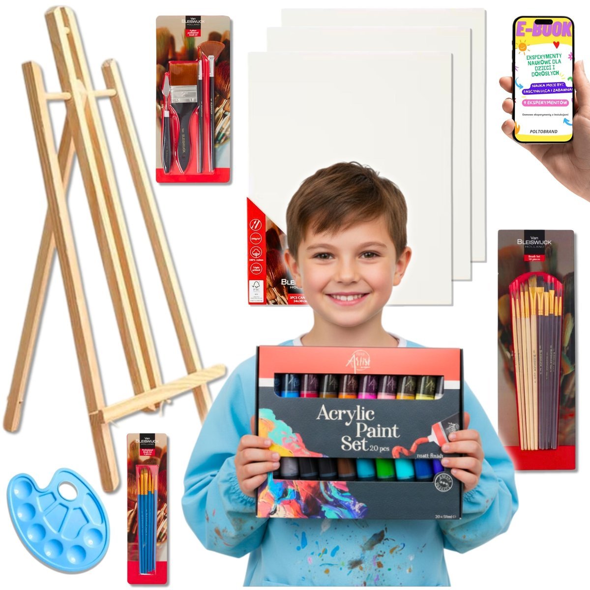 ELEGANCKI KOMPLET DO MALOWANIA ARTYSTYCZNY 20 Kolorów Akryli + Płótna + Pędzle + Sztaluga – Kreatywny Prezent Dla Dziecka Na Święta + EBOOK
