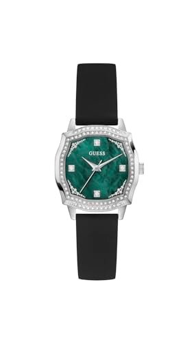 Guess Damski zegarek na rękę LIV z cyrkonią, czarny silikonowy pasek, szkło mineralne, zielona tarcza, 3 bar, średnica koperty: 32 mm, GW0932L1