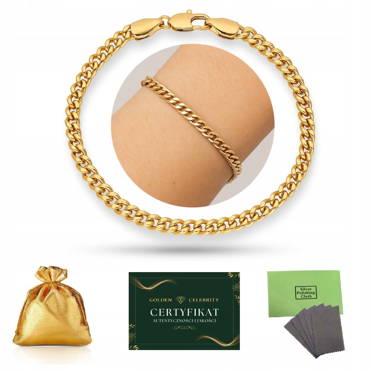 DAMSKA BRANSOLETKA ZE STALI CHIRURGICZNEJ ZŁOTA, POZŁACANA PANCERKA 19 CM