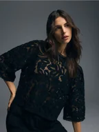 Bluzki damskie - Reserved - Bluzka z bawełną - czarny - miniaturka - grafika 1