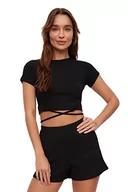 Body - Trendyol Damska odzież wypoczynkowa, dopasowana bodycon, tkana bluzka z okrągłym dekoltem, Czarny, XS - miniaturka - grafika 1