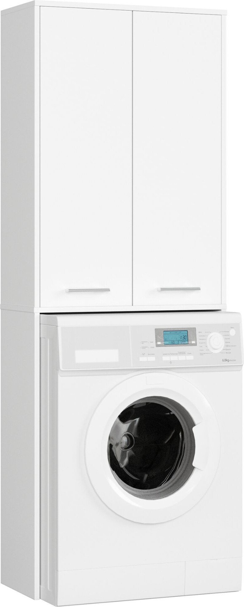 Szafka łazienkowa nad pralkę: dwoje drzwi, cztery półki, kolor: biały, wymiary mebla: szer. 64 cm, wys. 180 cm, gł. 30 cm