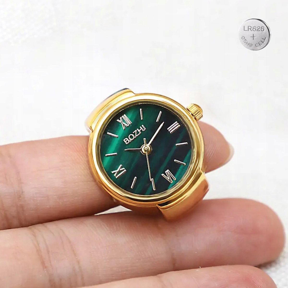 Złoty Sygnet Zegarek na Palec Regulowany Rozmiar 11-29 Luksusowy Działający