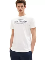 Koszulki męskie - TOM TAILOR Męski T-shirt z nadrukiem logo, 10332 – Off White, L - miniaturka - grafika 1