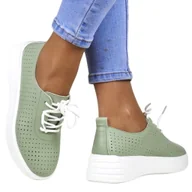 Botki damskie - DAMSKIE PÓŁBUTY SNEAKERSY AŻUROWE ZE SKÓRY SZNUROWANE SERGIO LEONE SP018 ZIELONE MIĘTOWE - miniaturka - grafika 1