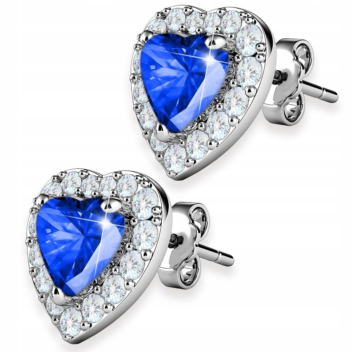 Kolczyki Srebrne Niebieskie Kryształowe Serca z Cyrkoniami SREBRO 925