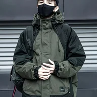 Inne - TEMU Leśna Kurtka Wiatrówka dla Mężczyzn - Casualowa Zielono-Czarna z Kapturem, Kieszeniami na Zamek, Mankietami na Sznurek i Regulowanym Paskiem - - miniaturka - grafika 1